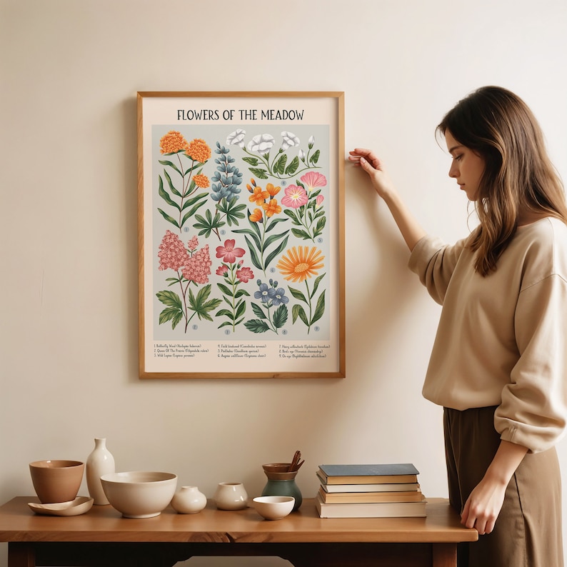 K&ouml;nnte beinhalten: Ein botanisches Illustrationsposter im Vintage-Stil mit dem Titel "Flowers of the Meadow", das eine Vielzahl von bunten Blumen zeigt, deren Namen und lateinische Bezeichnungen darunter aufgelistet sind. Das Poster ist in einem hellen Holzrahmen gerahmt und h&auml;ngt an einer wei&szlig;en Wand.