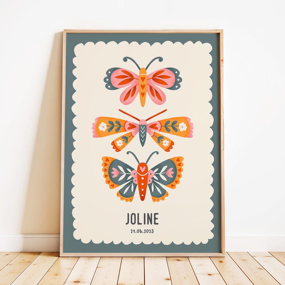 Colorful Butterflies: Custom Name Art Print, Personalized Nursery Wall ...