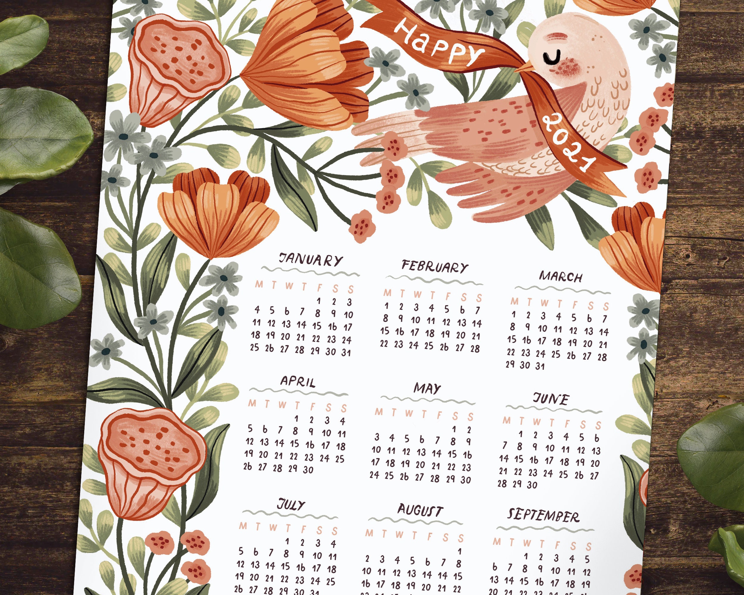 2021 Printable Birdie & Florals Calendar Instant Download Etsy