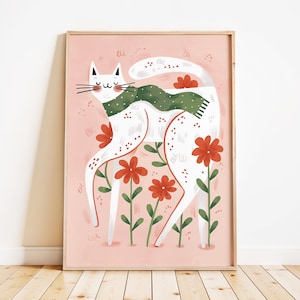 Gatto e fiori / Stampa artistica per bambini / Stampa boho per cameretta / Arte murale per bambini / Illustrazione per bambini / Arte unica e colorata / Sala giochi