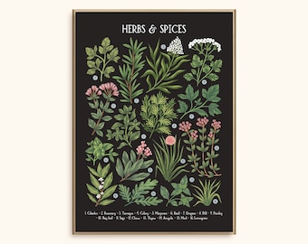May include: A black and white poster featuring illustrations of various herbs and spices. The poster is labelled "Herbs & Spices" and lists the names of each herb and spice with a corresponding number. The herbs and spices are illustrated in a vintage style.