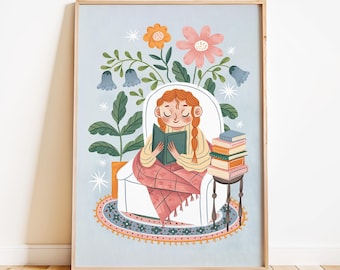 Lámina artística para habitación infantil, diseño de niña leyendo, decoración de pared colorida y única para la sala de juegos.