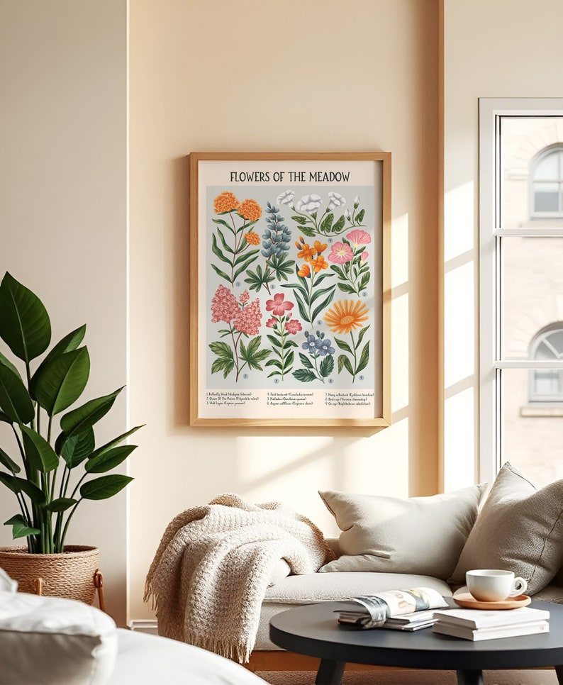 K&ouml;nnte beinhalten: Ein gerahmter botanischer Druck mit hellblauem Hintergrund und dem Titel "Flowers of the Meadow". Der Druck zeigt eine Vielzahl von bunten Blumen, darunter rosa, orange, gelb und blau.