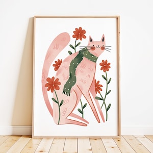 Gatto rosa / Stampa artistica per bambini / Stampa boho per cameretta / Arte murale per bambini / Illustrazione per bambini / Arte unica e colorata / Arte per sala giochi