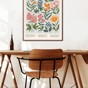 K&ouml;nnte beinhalten: Ein Vintage-Poster mit botanischen Illustrationen mit dem Titel "Flowers of the Meadow", das eine Sammlung farbenfroher Wildblumen zeigt, wobei die lateinischen und deutschen Namen darunter aufgef&uuml;hrt sind.
