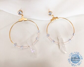 14k gold plated handmade hoop earrings with glass beads and genuine clear quartz