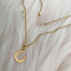 Double-Layered Rose Quartz Elegance Necklace - 14K Gold-Plated Dainty Chains with Moon or Lucky Horseshoe Pendant Options