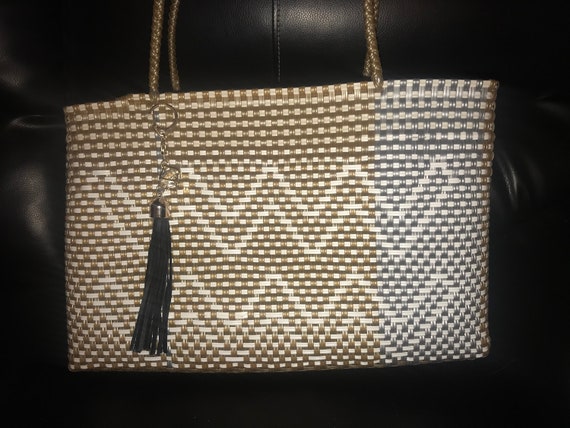 white and gold tote bag