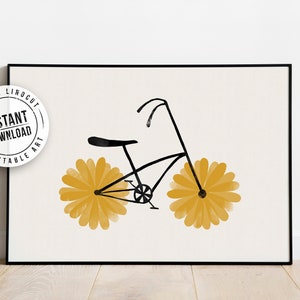 May include: A black silhouette of a bicycle with yellow flower-shaped wheels on a cream background. The text "Original Linocut Instant Download Printable Art" is in a circle on the left side of the image.
