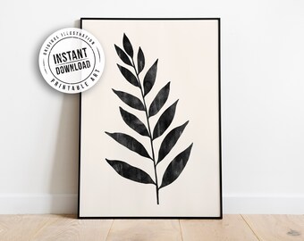 Leaf Black Ink Poster, Boho Plant Print, Botanical Line Art Print, Abstract Botanical Wall Art, Minimalist Botanical art, Abstract Leaves