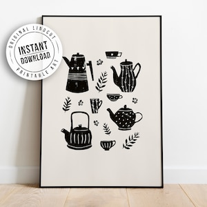 Tea o&#39;clock Instant Printable Art Poster | Retro Teapots Vintage Boho Art Print | Tea Pots Party Kitchen Wall Decor Idea | Tea Time Poster