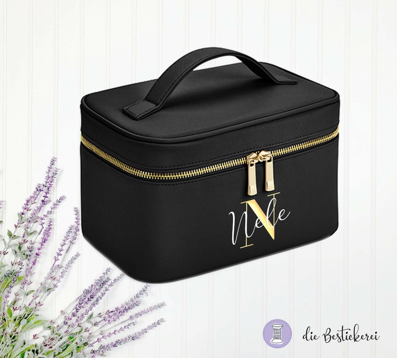 Beautycase mit Namen Make-up Tasche Schminktasche Beauty Bag personalisierte Kosmetiktasche Schwarz