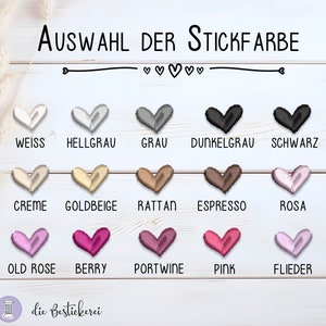 May include: A chart of embroidery thread colors with heart-shaped swatches. The colors include white, light gray, gray, dark gray, black, cream, gold beige, rattan, espresso, pink, old rose, berry, port wine, pink, and lilac.