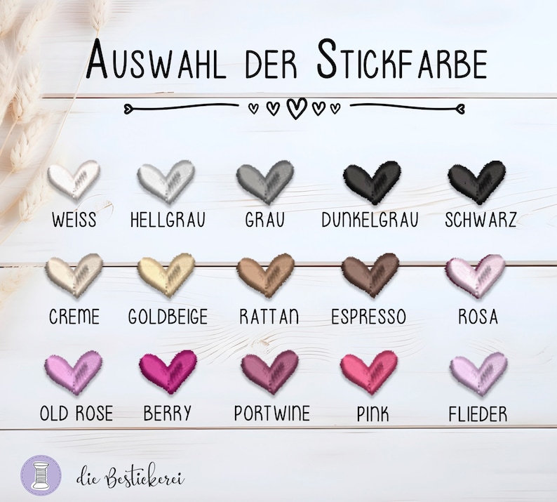 May include: A chart of embroidery thread colors with heart-shaped swatches. The colors include white, light gray, gray, dark gray, black, cream, gold beige, rattan, espresso, pink, old rose, berry, port wine, pink, and lilac.