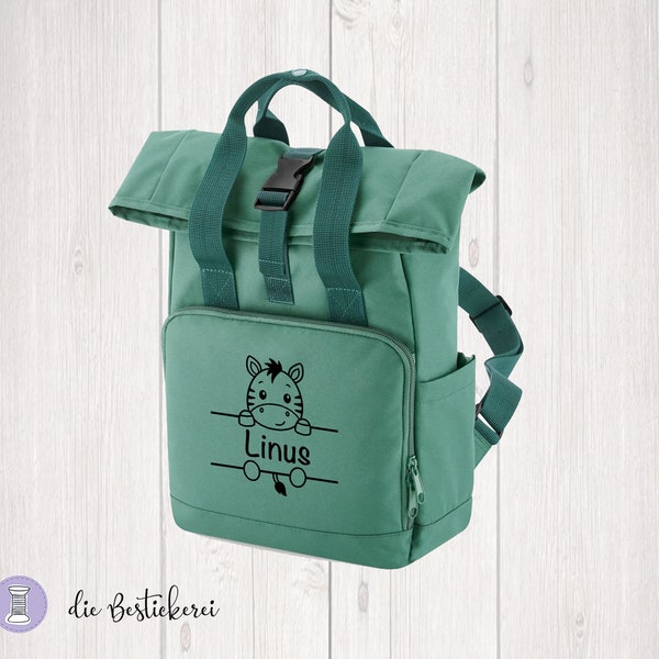 Mini Rolltop Rucksack für Kinder |  Kindergartenrucksack | Kitarucksack | personalisiert mit Name | Safaritiere | RECYCLING aus PET