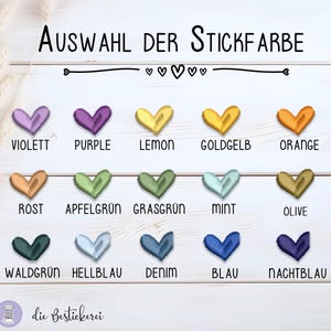 May include: A chart showing 12 different colors of embroidery floss, with the color name written below each color. The colors are: violet, purple, lemon, gold yellow, orange, rust, apple green, grass green, mint, olive, forest green, light blue, denim, blue, and navy blue.