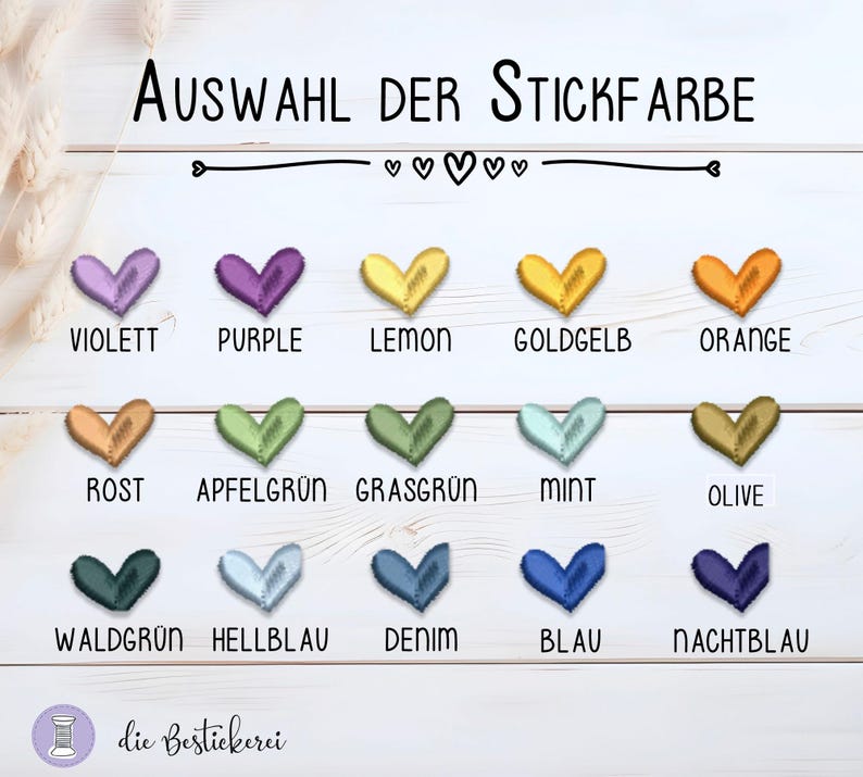May include: A chart showing 12 different colors of embroidery floss, with the color name written below each color. The colors are: violet, purple, lemon, gold yellow, orange, rust, apple green, grass green, mint, olive, forest green, light blue, denim, blue, and navy blue.