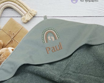 Babyhandtuch in OLD GREEN | Kapuzenhandtuch | PERSONALISIERT mit Namen | Babygeschenk | Geburt | Regenbogen