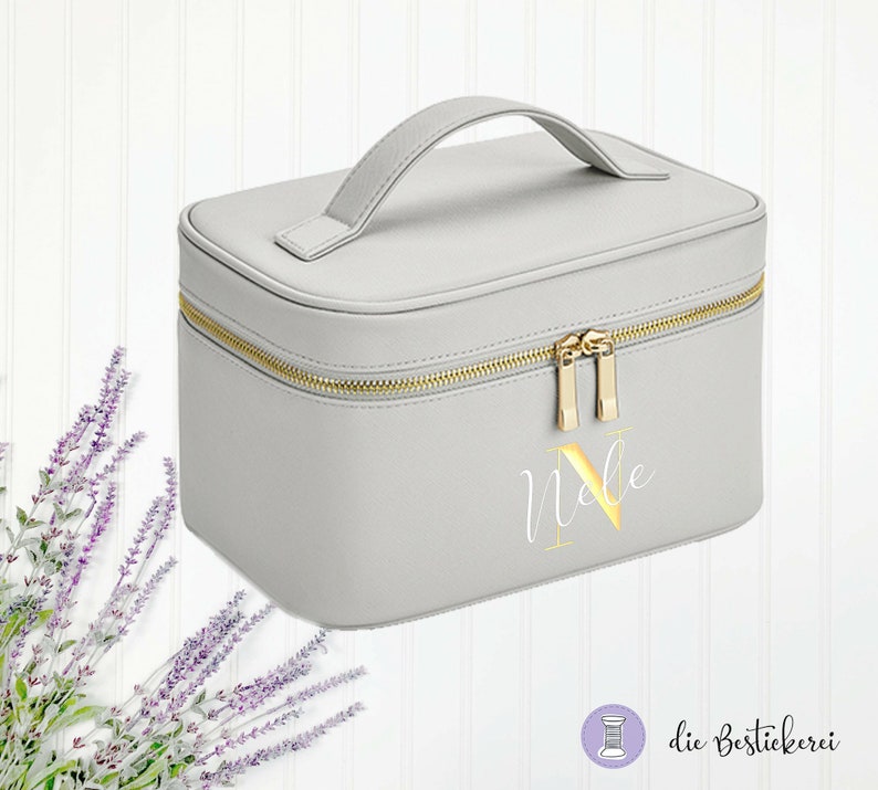 Beautycase mit Namen Make-up Tasche Schminktasche Beauty Bag personalisierte Kosmetiktasche Grau