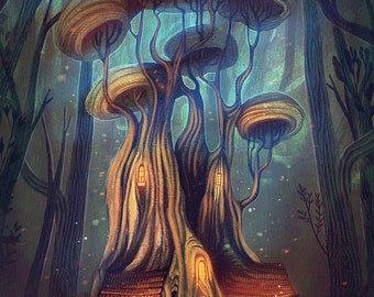 May include: A whimsical illustration of a house built into the trunk of a large tree with multiple mushroom-shaped branches. The house has windows with glowing lights and a red tiled roof. The scene is set in a dark forest with tall trees and a misty atmosphere.