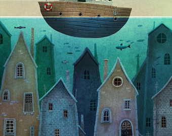 Pode incluir: Uma ilustração caprichosa de um pequeno barco com uma bandeira pirata navegando sobre uma cidade de casas coloridas submersas debaixo d'água. As casas têm janelas e portas, e há peixes nadando na água.