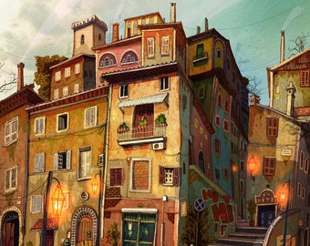May include: A watercolor illustration of a quaint European town with colorful buildings, cobblestone streets, and a hotel sign. The buildings have balconies, windows, and doors. There are streetlights and a crosswalk in the foreground.