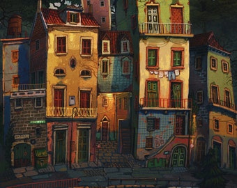 May include: A painting of a quaint, colorful village at night. The buildings are clustered together on a hillside, with a cobblestone street winding through them. The buildings are all different shapes and sizes, with some having balconies and others having windows with shutters. The street is lit by a few streetlights, and there are trees and bushes growing around the buildings.
