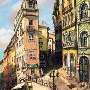 Puede incluir: Ilustración artística de una calle europea. Edificios en tonos amarillos, rosas y verdes bordean una calle adoquinada. Un letrero dice "Petunia Florista". Una scooter y coches están aparcados en la calle.