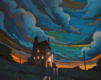 May include: A small, two-story house with lit windows sits on a grassy hill at dusk. The sky is a vibrant blue with streaks of orange and yellow clouds. A winding path leads up to the house.
