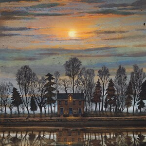 May include: A two-story house with a lit window sits on a riverbank at dusk. The house is surrounded by trees and the river reflects the orange and purple sunset sky.