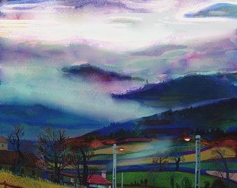 May include: A blue car drives on a winding road through a foggy, colourful landscape. The road is paved with grey stones and the car is driving up a hill. The sky is a mix of purple, blue, and green.