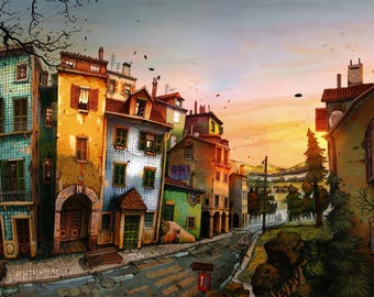 May include: A painting depicting a row of colourful buildings with terracotta roofs in a European village. The buildings are painted in shades of blue, green, yellow, and orange. The sky is a soft orange and pink.