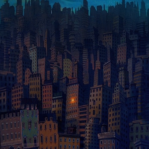 Puede incluir: Una ciudad oscura con una sola ventana iluminada en un edificio alto. La ciudad está representada en un estilo de dibujos animados con muchos edificios de diferentes alturas y formas.