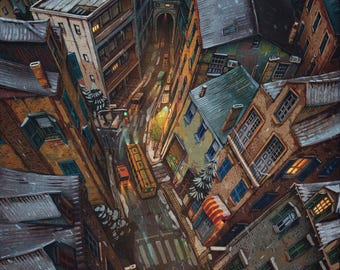 May include: An aerial view of a city street with buildings on either side. The street is narrow and winding, and there are several cars parked at the side of the road. The buildings are all of different heights and styles, and some of them have windows that are lit up at night.