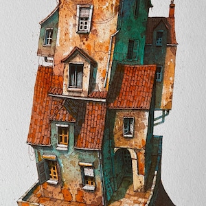 May include: A watercolour painting of a multi-level building with a unique, stacked design. The building is painted in shades of brown, orange, green, and blue, with red tile roofs. The building has many windows and a small arched doorway.