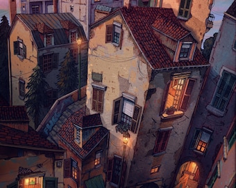 May include: An artistic illustration of a European cityscape at dusk. The buildings are aged with red tile roofs, open shutters, and warm interior lighting. The colour palette includes warm oranges, browns, and blues, creating a cosy atmosphere.
