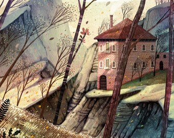 Può includere: Un dipinto ad acquerello di una casa in mattoni con un tetto rosso incastonata in una valle di montagna. La casa ha diverse finestre e una porta. Gli alberi sono spogli e il terreno è ricoperto di foglie cadute.
