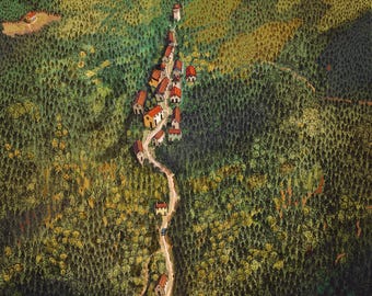May include: An aerial view of a small village nestled in a lush green forest. The village is built along a winding road that leads up a hill. The houses are a mix of red and yellow with white trim. The forest is a mix of green and brown.