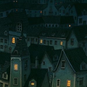 Può includere: Un'illustrazione notturna di una città con molti edifici, alcuni con finestre illuminate. Gli edifici sono disegnati in uno schema di colori blu scuro e verde. L'illustrazione è in stile vintage.