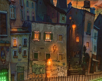 May include: A nighttime view of a narrow street in a European city. The street is lined with old buildings with windows lit up. There are streetlights and a bridge over a small stream. The buildings are painted in shades of gray, brown, and yellow. The street is paved with cobblestones. There is a sign that says "CAFETERIA" in the lower right corner of the image.