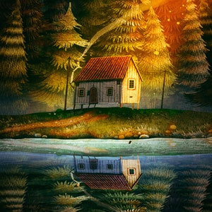 May include: A digital illustration of a small wooden cabin with a red tiled roof, set amongst tall pine trees. The cabin is reflected in the water below, creating a symmetrical image. The scene is illuminated by warm sunlight, with a dreamy, artistic style.