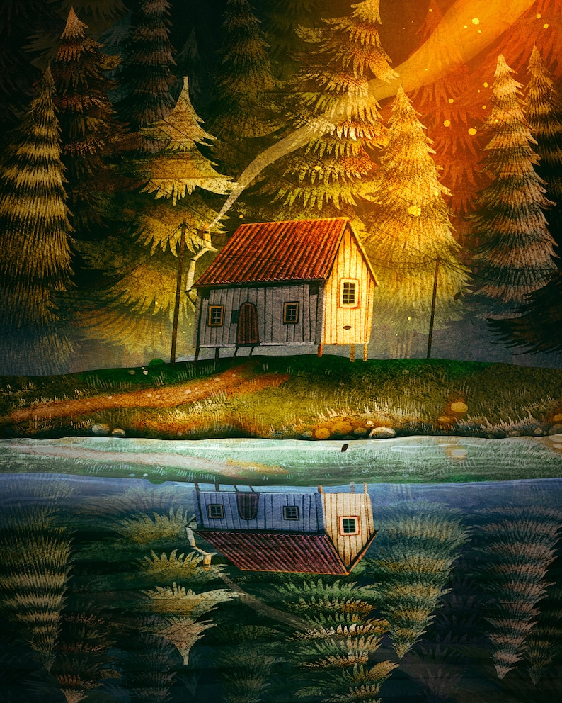 May include: A digital illustration of a small wooden cabin with a red tiled roof, set amongst tall pine trees. The cabin is reflected in the water below, creating a symmetrical image. The scene is illuminated by warm sunlight, with a dreamy, artistic style.