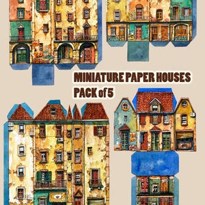 Può includere: Illustrazione ad acquerello di cinque case di carta in miniatura. Le case presentano facciate dettagliate con finestre, porte e balconi in vari colori, tra cui giallo, arancione e verde. Il testo "MINIATURE PAPER HOUSES PACK of 5" è visibile.