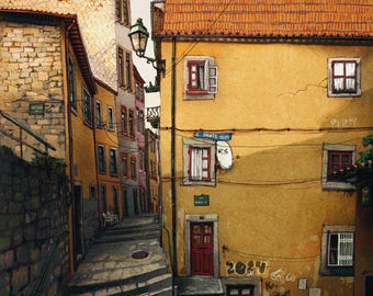 May include: A narrow, cobbled street in a European city with yellow buildings on either side. The buildings have red tiled roofs and windows with white trim. There is a red door at the bottom of the steps.