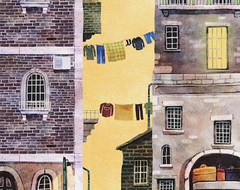 May include: A watercolour illustration of a narrow street in a city with brick buildings, clothes hanging on a washing line, and a car parked in a garage.