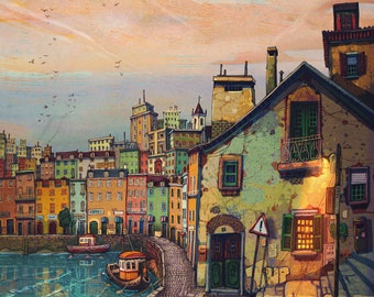 May include: A colourful cityscape with a cobbled street leading to a harbour. The buildings are a mix of yellow, orange, green, and blue. There are two boats in the harbour, one is a small rowing boat and the other is a larger boat with a red roof. The sky is a soft pink and orange.
