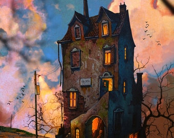 May include: A detailed illustration of a run-down house with a "FOR SALE" sign. The building has a weathered exterior, with light glowing from the windows and doorway. The sky is a blend of blue, orange, and pink, with birds flying overhead.