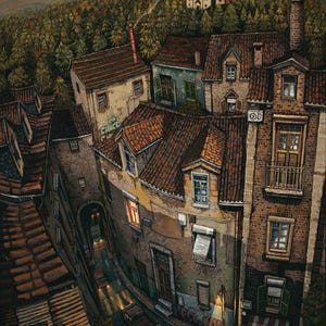 Peut inclure: Vue aérienne d'une ville européenne avec des bâtiments aux toits de tuiles rouges et des façades en briques. Une rue étroite serpente à travers la ville, avec des voitures et des lampadaires. L'arrière-plan présente une forêt dense. L'image a une palette de couleurs chaleureuse.