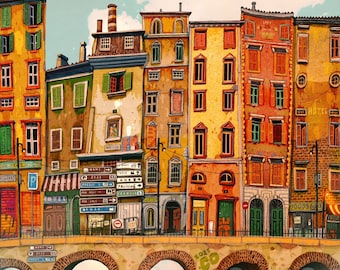 May include: A colourful illustration of a row of buildings with arched brick bridges in front. The buildings are yellow, orange, and red with green shutters. The buildings have signs that say "Hotel", "Home", "Train", "2023", "For Sale", "Politic", "Fertiliz", "The Sale", "Hotel", and "Vong".