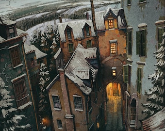 May include: An illustration of a European village scene in winter. Buildings with snow-covered roofs line a narrow street. Warm light shines from windows and doorways, contrasting with the cold, snowy landscape in the background. The artwork has a detailed, textured style.